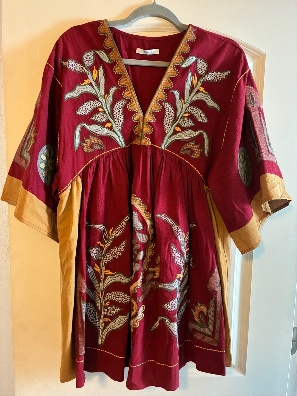 Embroidered V-Neck Mini Dress in Burgundy and Mustard